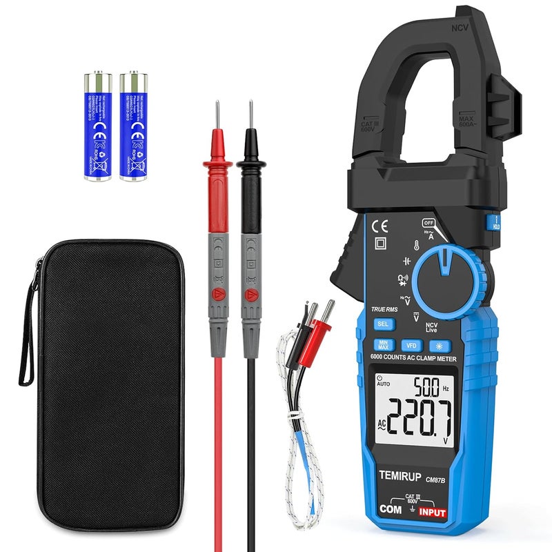 Temirup Digital Clamp Meter Multimeter - Auto-ranging 6000 Counts Amp Voltage Tester with D-Shaped Jaw VFD Mode, Measuring NCV, AC/DC Voltage AC Current Temperature Capacitance Resistance Continuity - Image 1